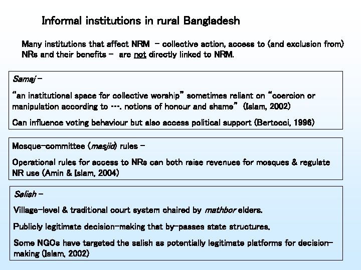 Informal institutions in rural Bangladesh Many institutions that affect NRM - collective action, access