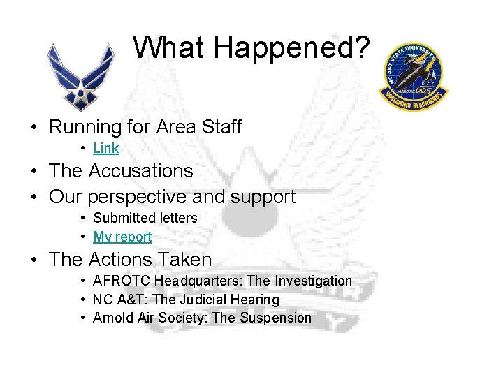 What Happened? • Running for Area Staff • Link • The Accusations • Our