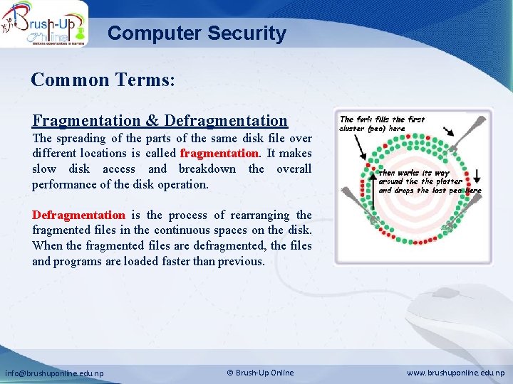 Computer Security Common Terms: Fragmentation & Defragmentation The spreading of the parts of the