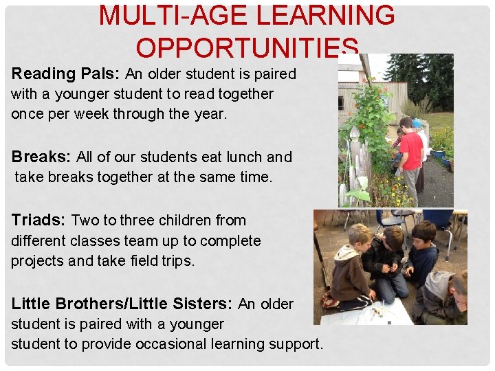 MULTI-AGE LEARNING OPPORTUNITIES Reading Pals: An older student is paired with a younger student