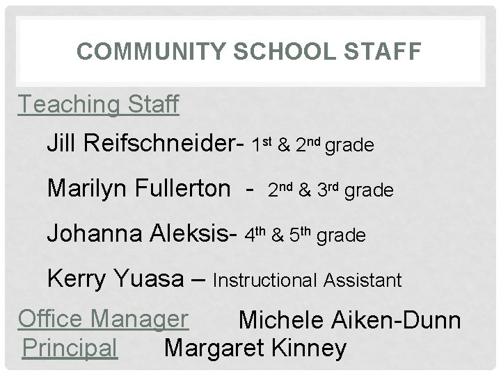 COMMUNITY SCHOOL STAFF Teaching Staff Jill Reifschneider- 1 st & 2 nd grade Marilyn