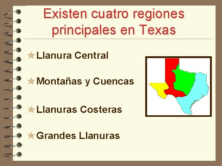 Existen cuatro regiones principales en Texas Llanura Central Montañas y Cuencas Llanuras Costeras Grandes