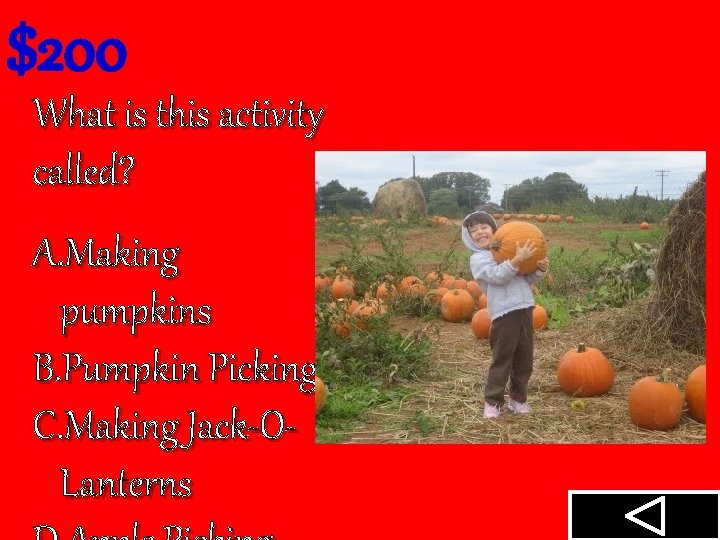 $200 What is this activity called? A. Making pumpkins B. Pumpkin Picking C. Making