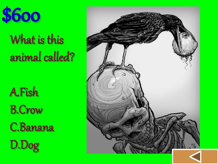 $600 What is this animal called? A. Fish B. Crow C. Banana D. Dog