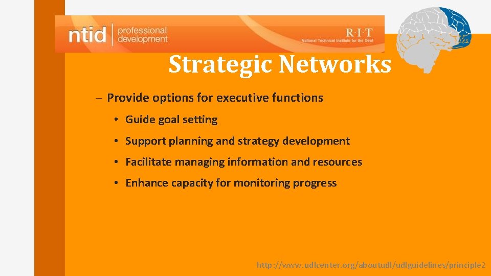 Strategic Networks – Provide options for executive functions • Guide goal setting • Support Strategic Networks – Provide options for executive functions • Guide goal setting • Support