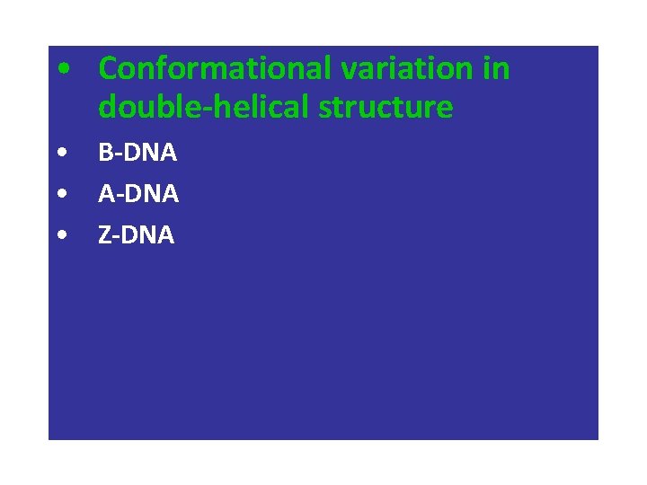  • Conformational variation in double-helical structure • B-DNA • A-DNA • Z-DNA 