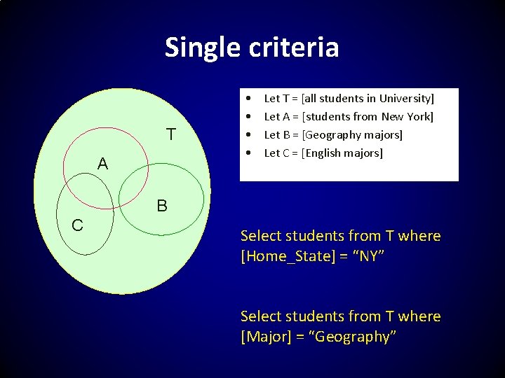 Single criteria T A • • Let T = [all students in University] Let
