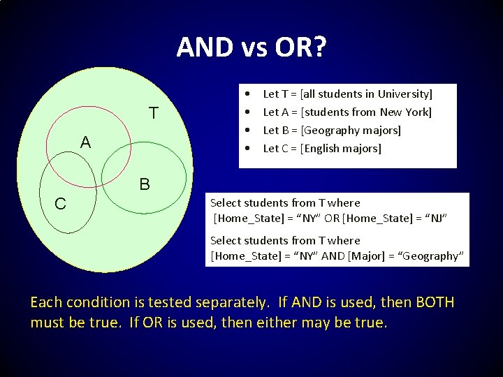 AND vs OR? T A • • Let T = [all students in University]