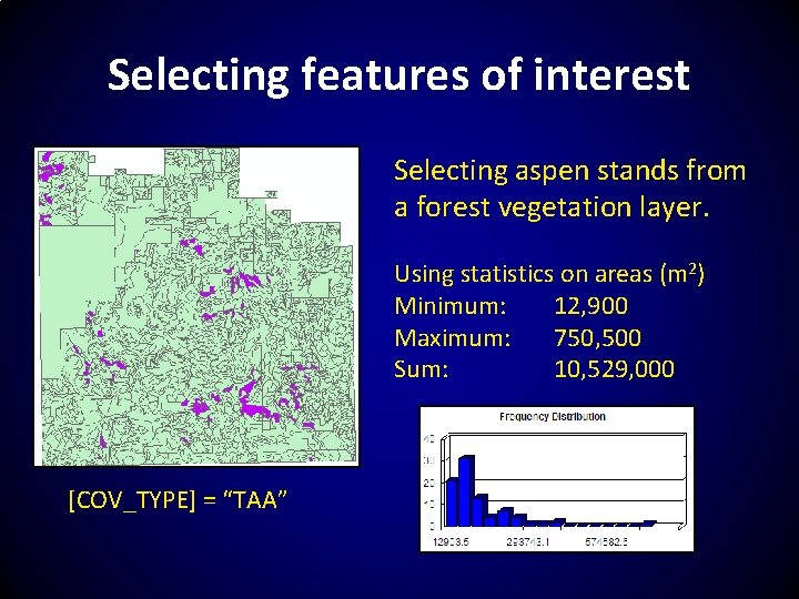 Selecting features of interest Selecting aspen stands from a forest vegetation layer. Using statistics