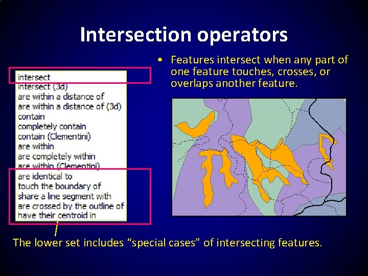 Intersection operators • Features intersect when any part of one feature touches, crosses, or