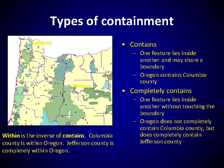 Types of containment • Contains Columbia Jefferson Within is the inverse of contains. Columbia