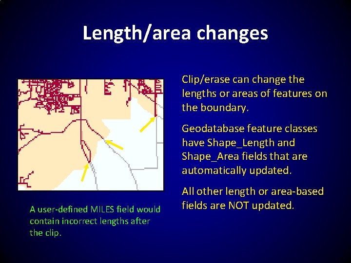 Length/area changes Clip/erase can change the lengths or areas of features on the boundary.