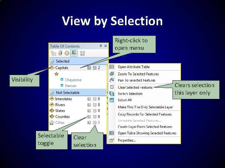 View by Selection Right-click to open menu Visibility Clears selection this layer only Selectable