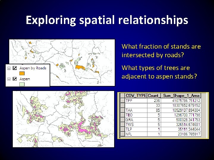 Exploring spatial relationships What fraction of stands are intersected by roads? What types of