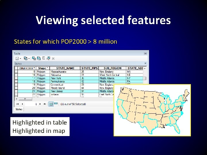 Viewing selected features States for which POP 2000 > 8 million Highlighted in table