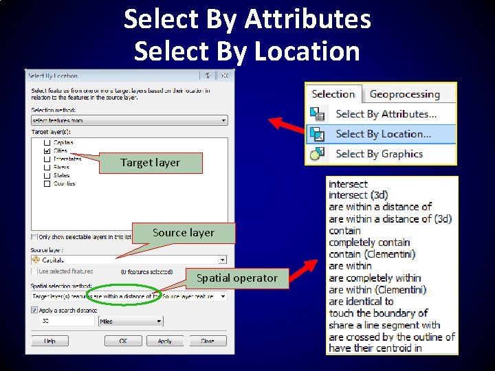 Select By Attributes Select By Location Target layer Source layer Spatial operator 