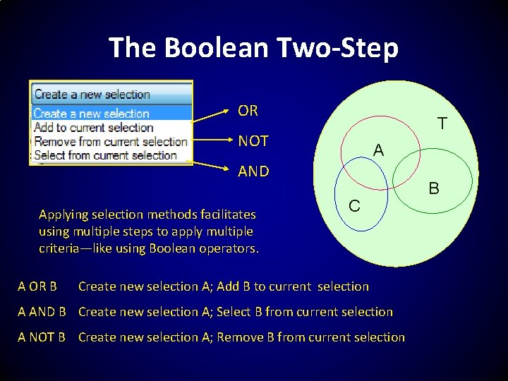 The Boolean Two-Step OR T NOT A AND Applying selection methods facilitates using multiple