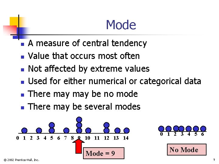 Mode n n n A measure of central tendency Value that occurs most often