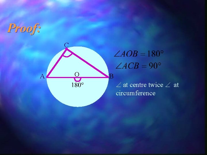 Proof: C A O B at centre twice at circumference 