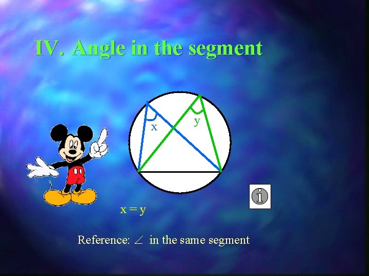 IV. Angle in the segment x y x=y Reference: in the same segment 