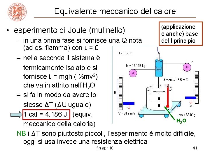 Equivalente meccanico del calore • (applicazione esperimento di Joule (mulinello) o anche) base –