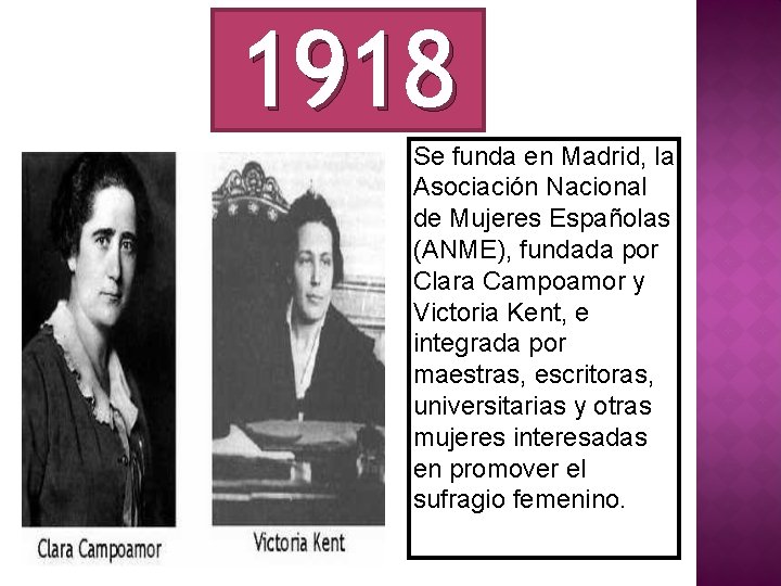 1918 Se funda en Madrid, la Asociación Nacional de Mujeres Españolas (ANME), fundada por