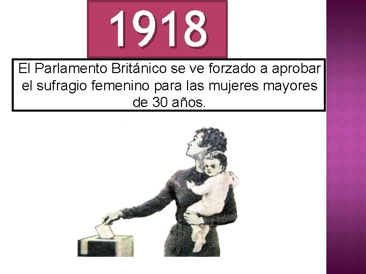 1918 El Parlamento Británico se ve forzado a aprobar el sufragio femenino para las