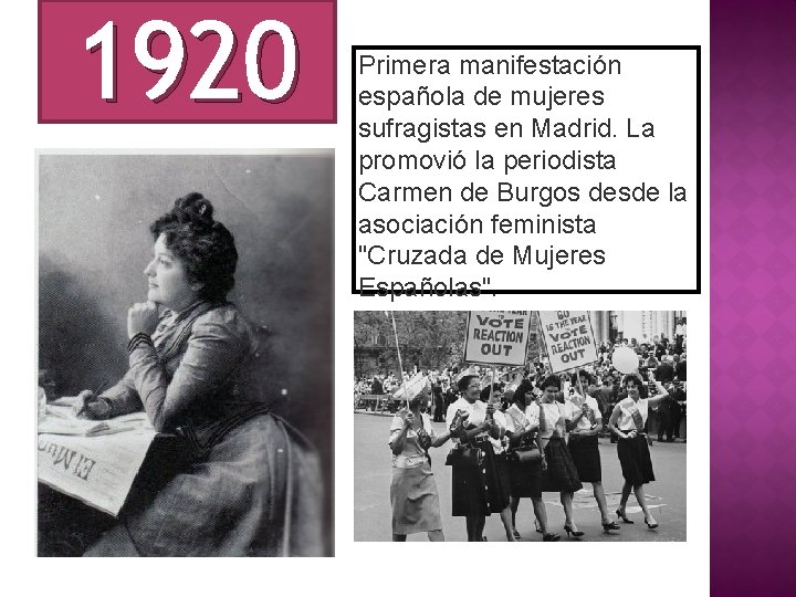 1920 Primera manifestación española de mujeres sufragistas en Madrid. La promovió la periodista Carmen