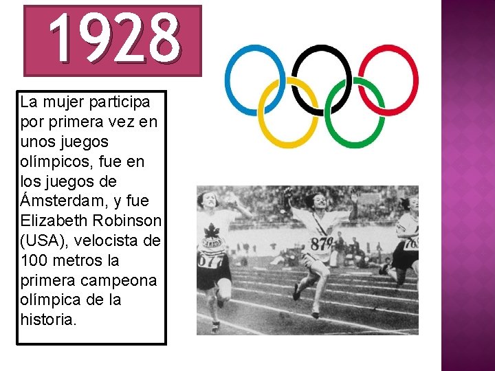 1928 La mujer participa por primera vez en unos juegos olímpicos, fue en los