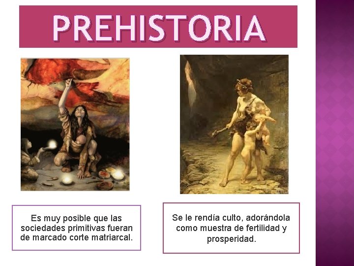 PREHISTORIA Es muy posible que las sociedades primitivas fueran de marcado corte matriarcal. Se