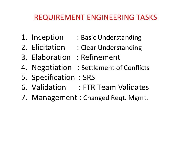 REQUIREMENT ENGINEERING TASKS 1. 2. 3. 4. 5. 6. 7. Inception : Basic Understanding