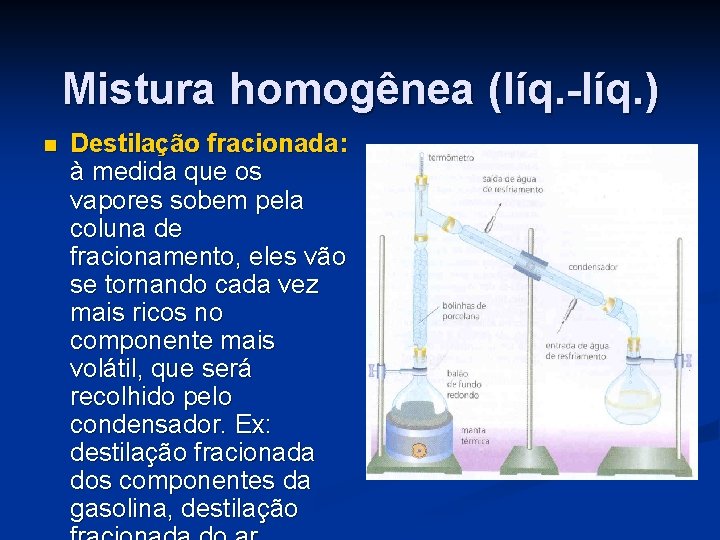 Mistura homogênea (líq. -líq. ) n Destilação fracionada: à medida que os vapores sobem
