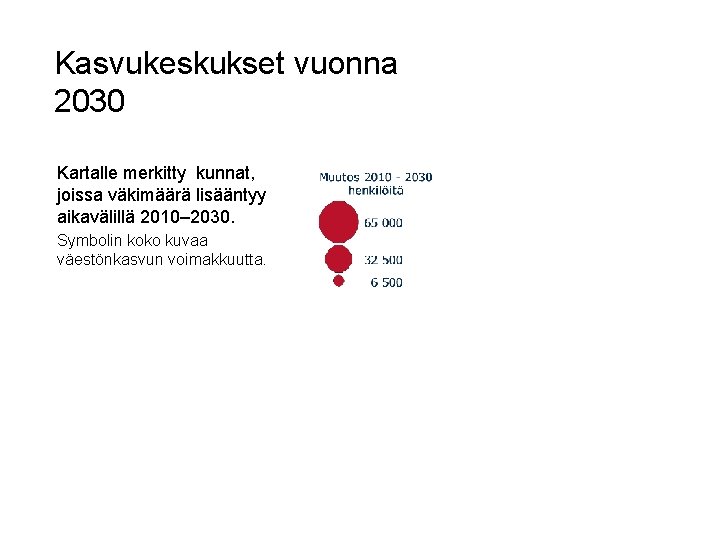 Kasvukeskukset vuonna 2030 Kartalle merkitty kunnat, joissa väkimäärä lisääntyy aikavälillä 2010– 2030. Symbolin koko