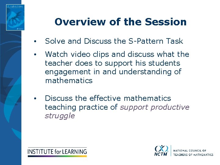 Overview of the Session • Solve and Discuss the S-Pattern Task • Watch video