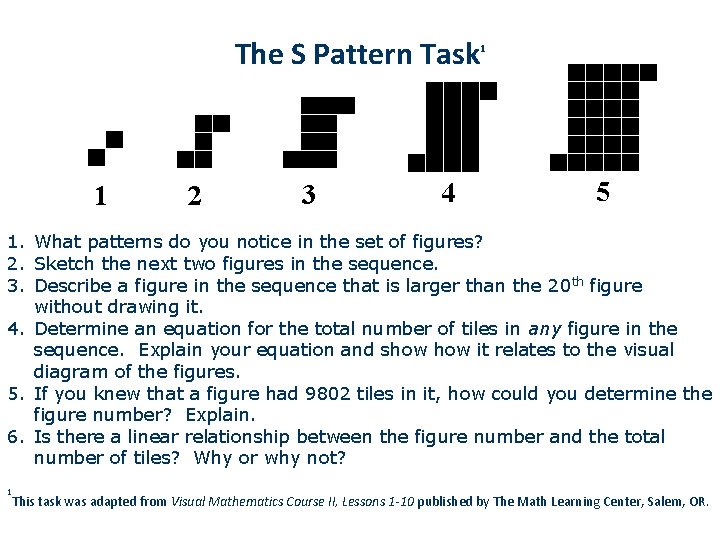 The S Pattern Task 1 2 3 4 1 5 1. What patterns do