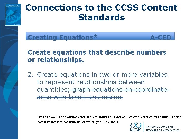 Connections to the CCSS Content Standards Creating Equations★ A-CED Create equations that describe numbers