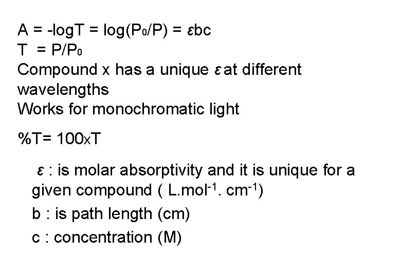 A = -log. T = log(P 0/P) = εbc T = P/P 0 Compound