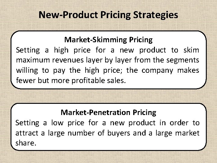 New-Product Pricing Strategies Market-Skimming Pricing Setting a high price for a new product to