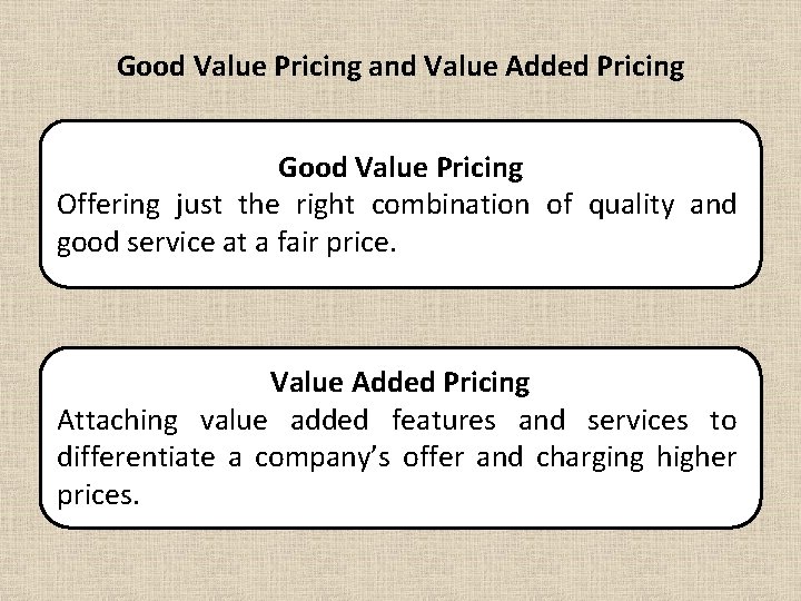 Good Value Pricing and Value Added Pricing Good Value Pricing Offering just the right