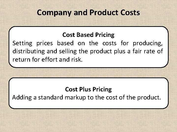 Company and Product Costs Cost Based Pricing Setting prices based on the costs for