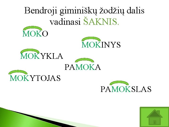 Bendroji giminiškų žodžių dalis vadinasi ŠAKNIS. MOKO MOKINYS MOKYKLA PAMOKA MOKYTOJAS PAMOKSLAS 