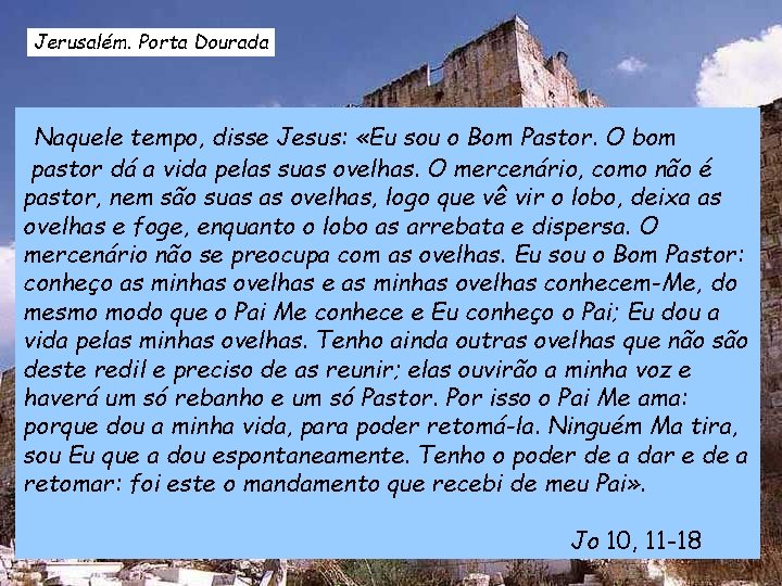 Jerusalém. Porta Dourada Naquele tempo, disse Jesus: «Eu sou o Bom Pastor. O bom