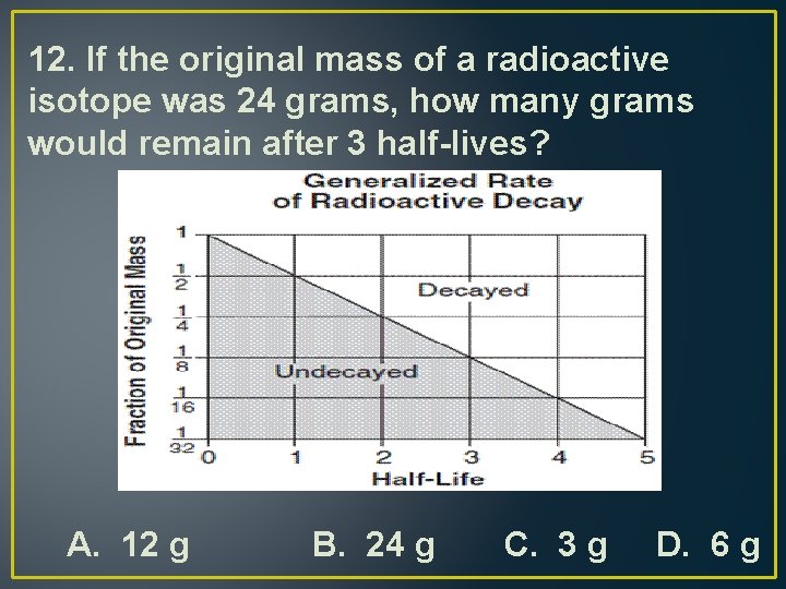 12. If the original mass of a radioactive isotope was 24 grams, how many