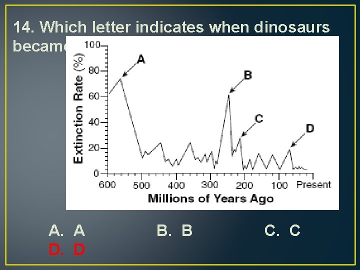 14. Which letter indicates when dinosaurs became extinct? A. A D. D B. B