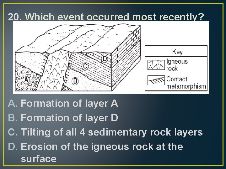 20. Which event occurred most recently? A. Formation of layer A B. Formation of