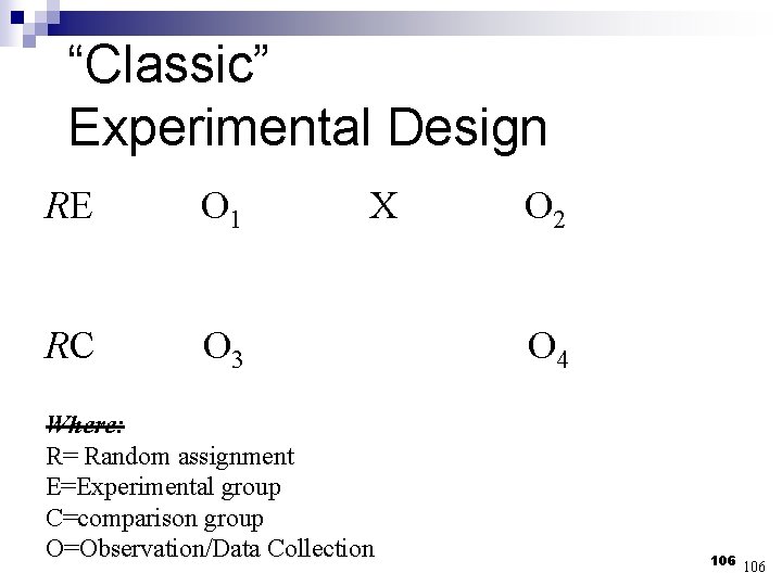 “Classic” Experimental Design RE O 1 RC O 3 X Where: R= Random assignment