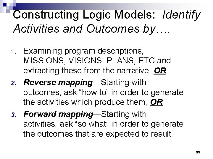 Constructing Logic Models: Identify Activities and Outcomes by…. 1. 2. 3. Examining program descriptions,