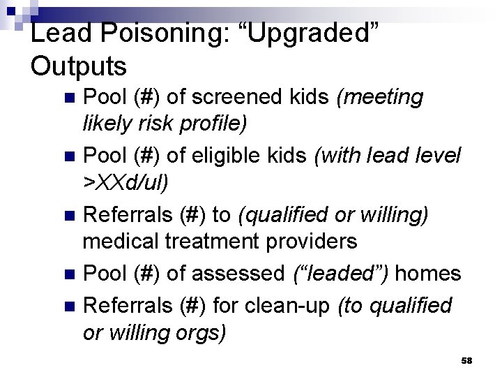 Lead Poisoning: “Upgraded” Outputs Pool (#) of screened kids (meeting likely risk profile) n