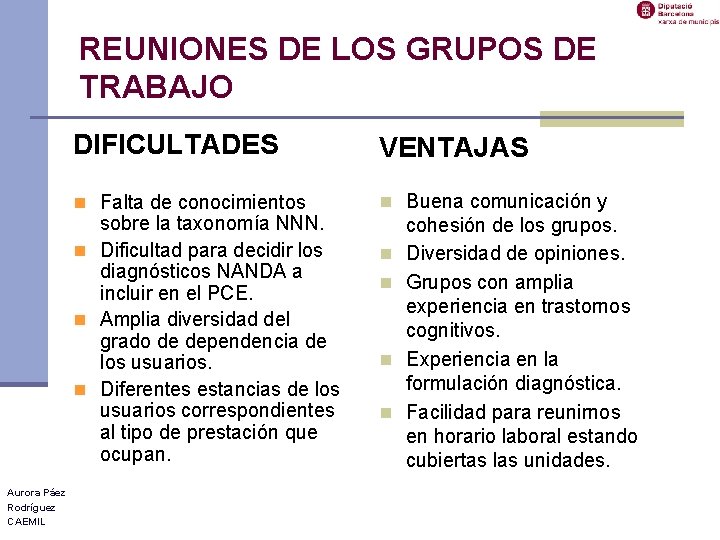 REUNIONES DE LOS GRUPOS DE TRABAJO DIFICULTADES VENTAJAS n Falta de conocimientos n Buena