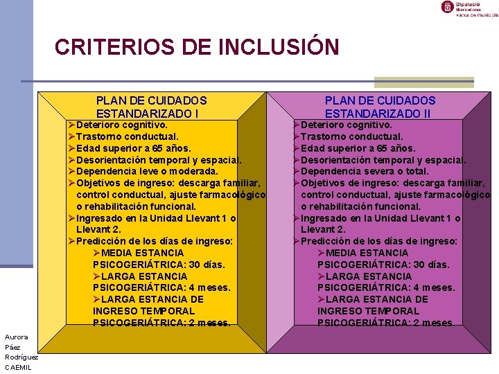 CRITERIOS DE INCLUSIÓN PLAN DE CUIDADOS ESTANDARIZADO I ØDeterioro cognitivo. ØTrastorno conductual. ØEdad superior